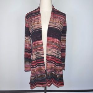 R. ROUGE Striped Open Drape Long Sleeve Cardigan Small Red Brown Multicolor